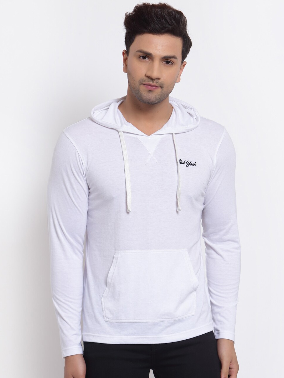 

Club York Men White Solid Cotton Hooded Sweatshirt