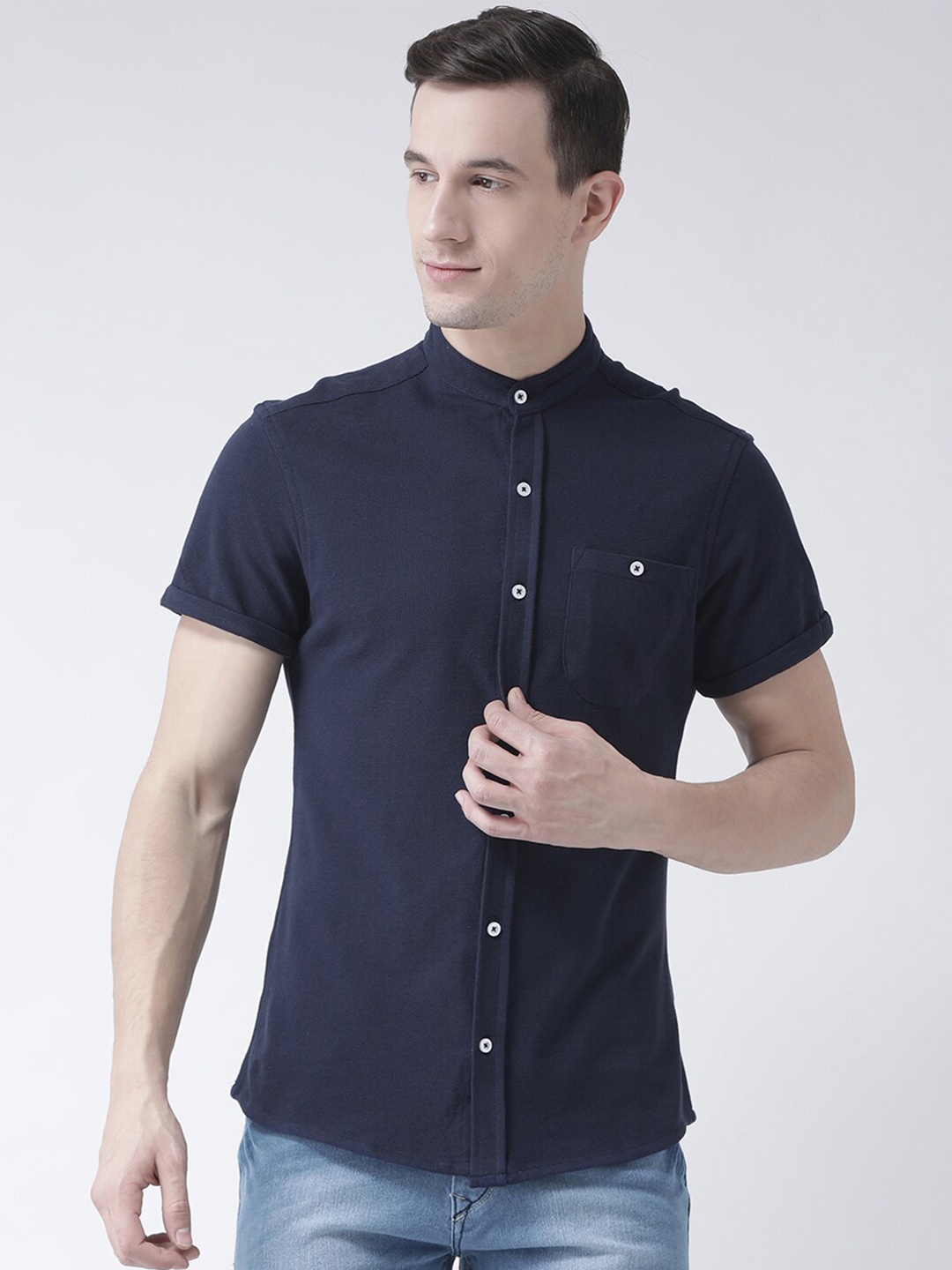 

Club York Men Navy Blue Solid Standard Casual Shirt