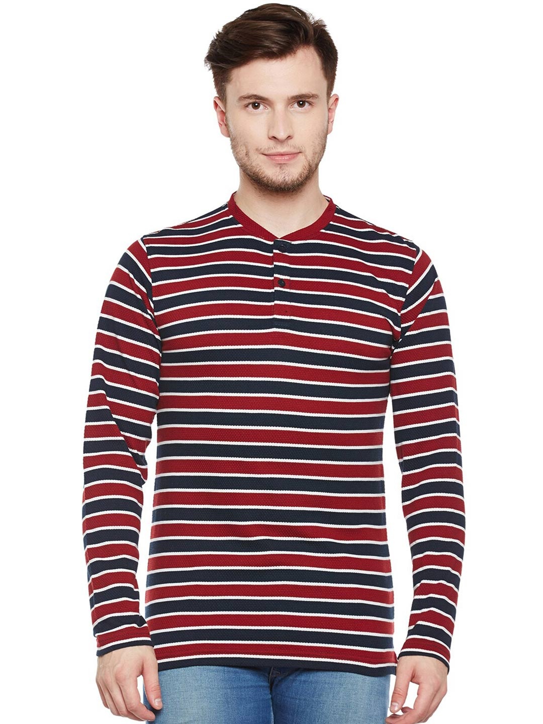 

Club York Men Maroon Striped Henley Neck T-shirt