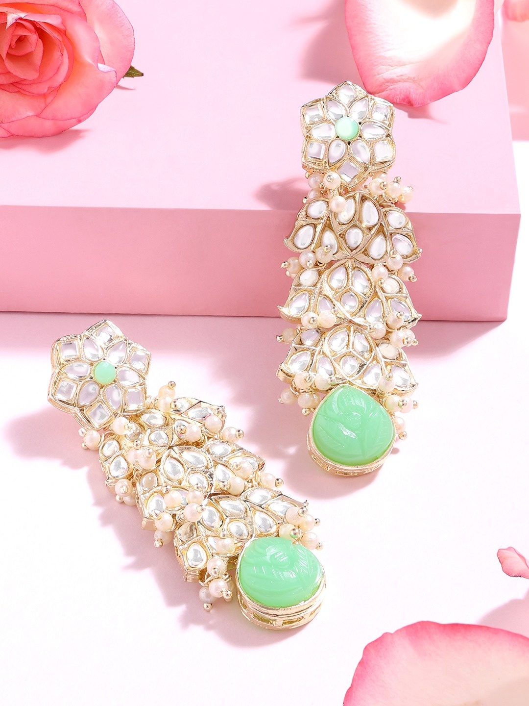 

Zaveri Pearls Green Gold Plated Traditional Kundan Contemporary Drop Earrings