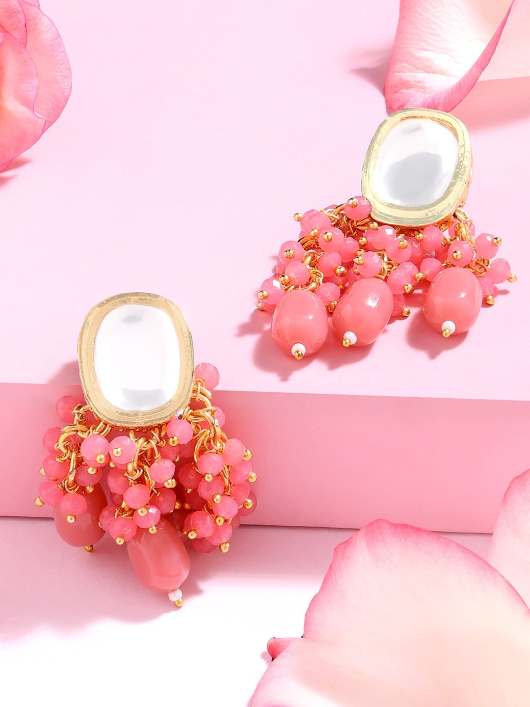 

Zaveri Pearls Pink Gold Plated Cluster Beaded Ethnic Kundan Drop Earrings