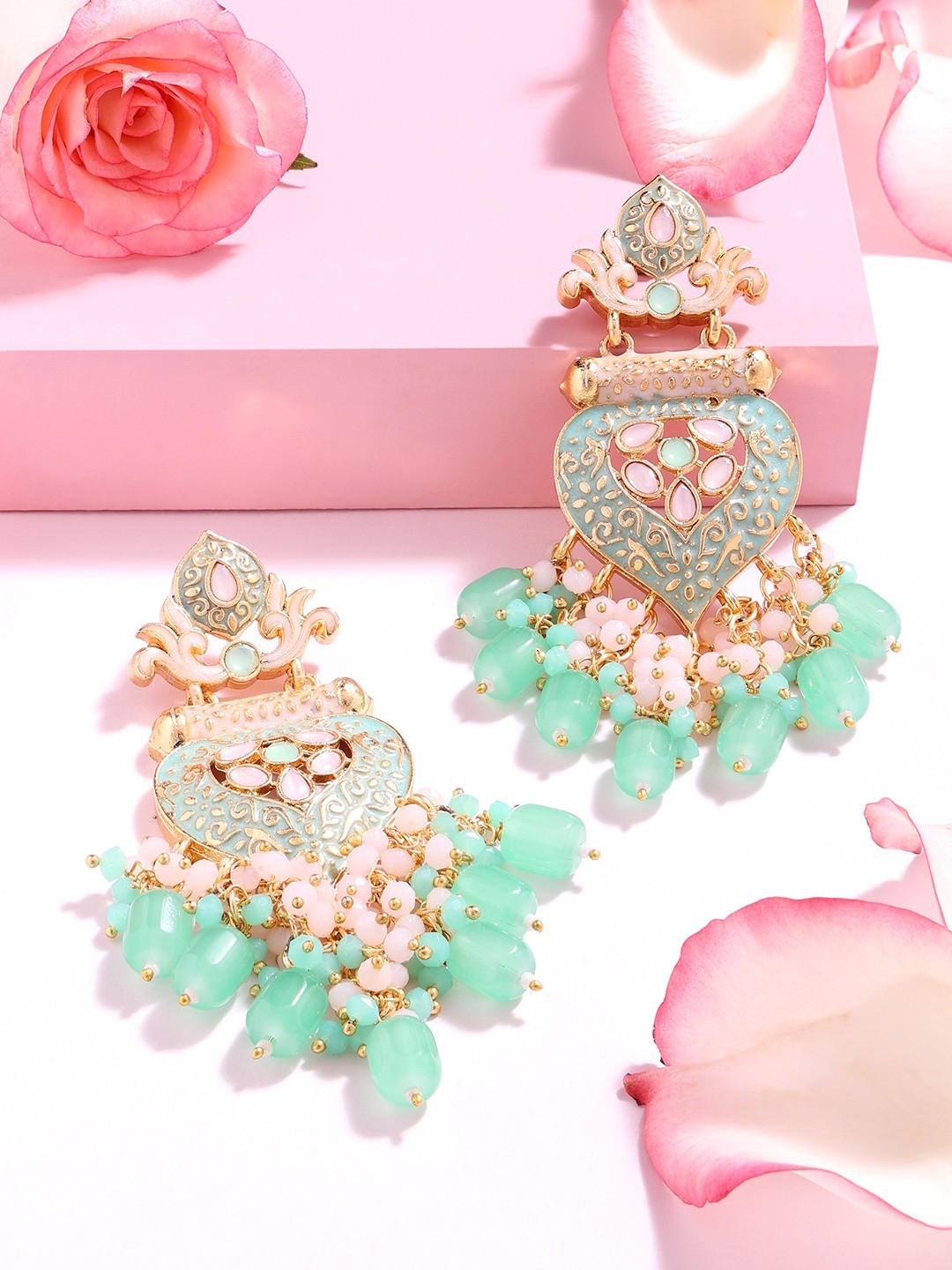 

Zaveri Pearls Green Gold Plated Cluster Beads Meenakari Drop Earrings