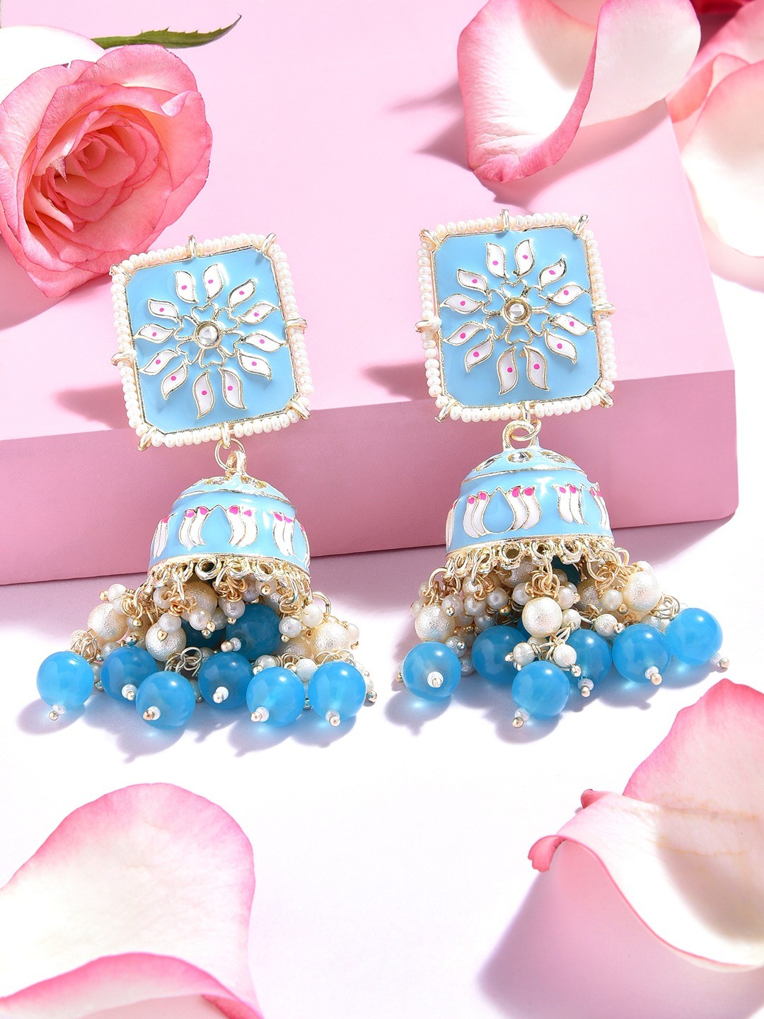 

Zaveri Pearls Turquoise Blue Meenakari Ethnic Gold-Plated Kundan & Beads Jhumkas Earrings