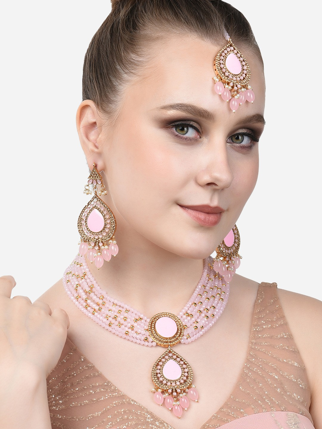 

Zaveri Pearls Gold-Plated Pink Stone Studded & Beaded Meenakari Jewellery Set