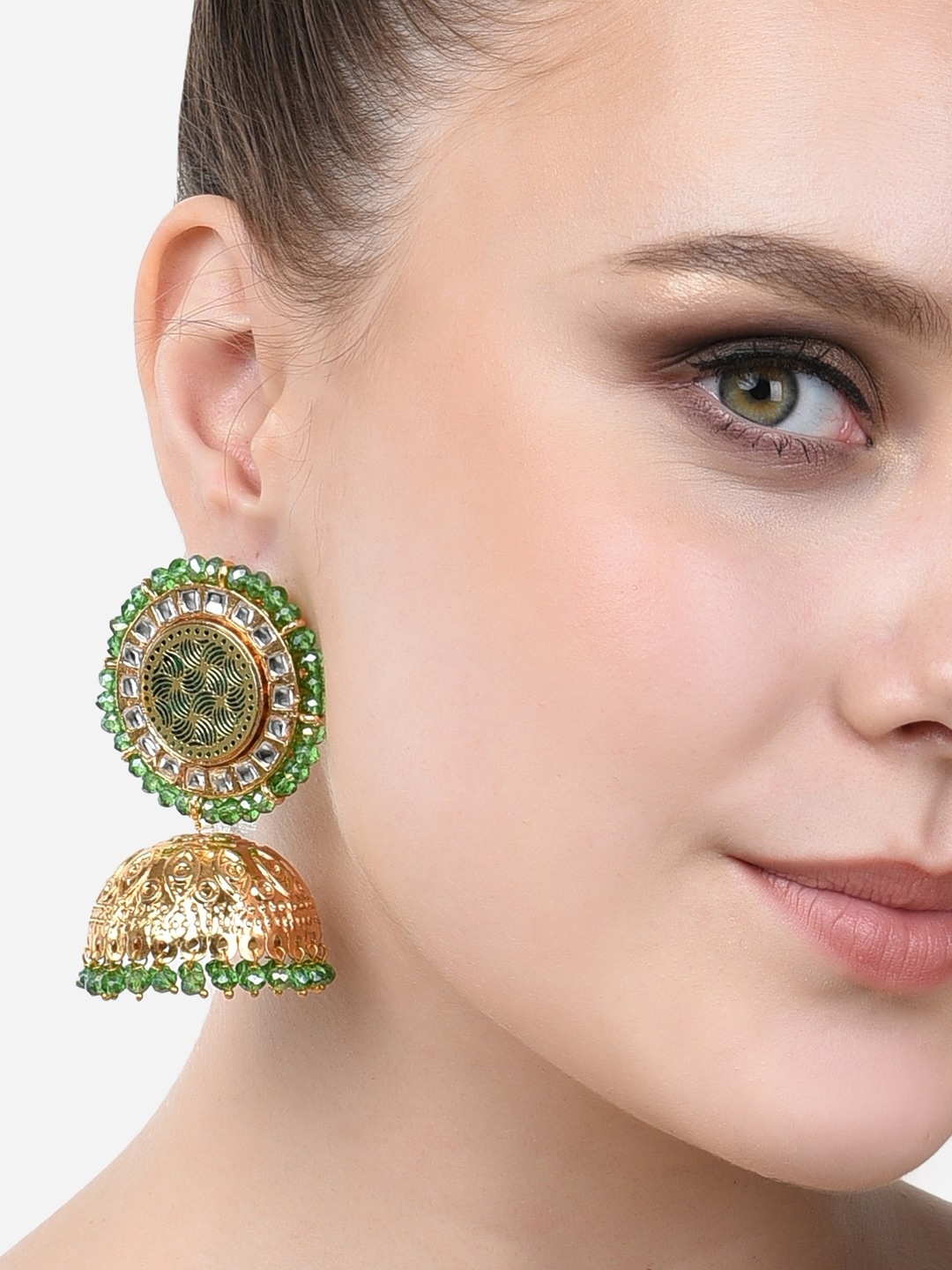 

Zaveri Pearls Green & Gold Plated Contemporary Jhumkas Earrings