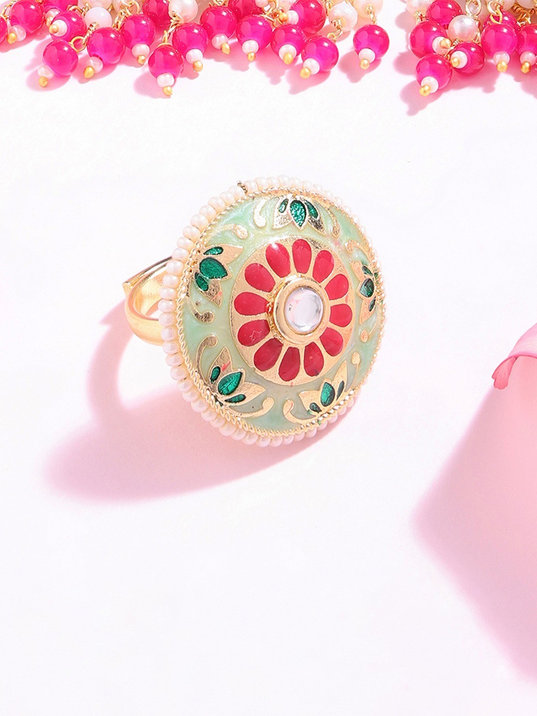 

Zaveri Pearls Pink & Green Gold-Plated Kundan-Studded Meenakari Finger Ring