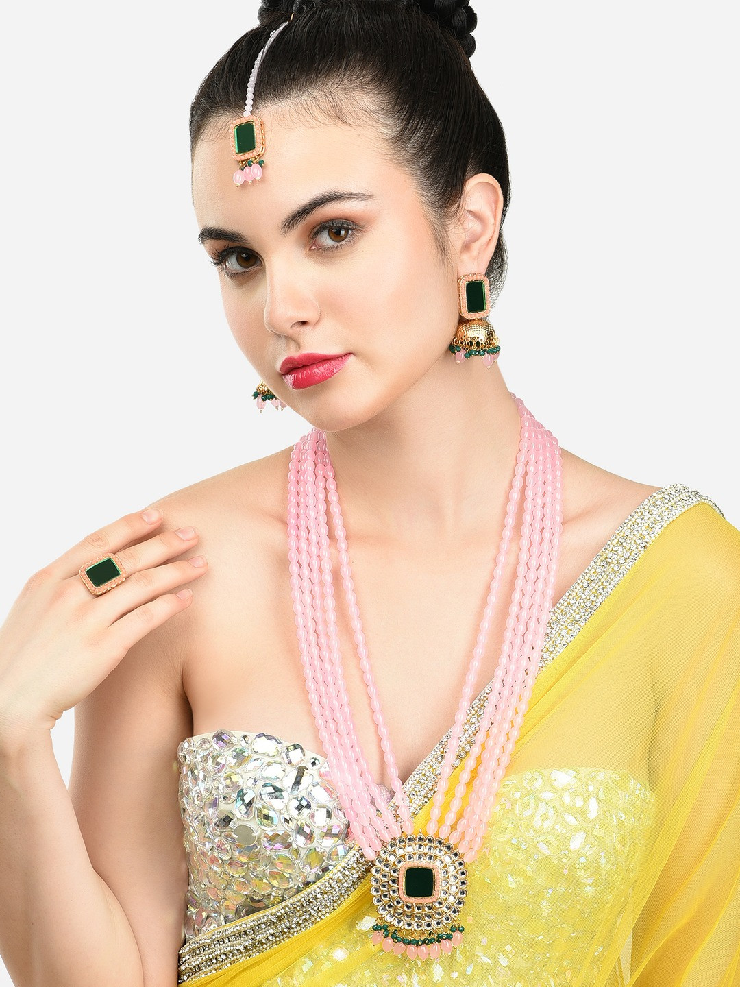 

Zaveri Pearls Gold-Plated Pink & Green Kundan Studded & Beaded Jewellery Set