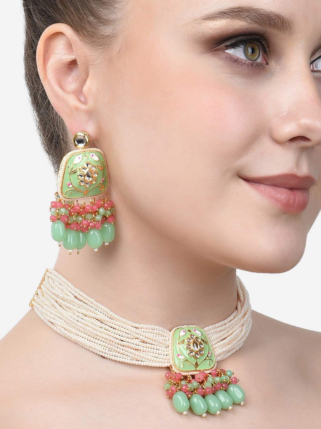 

Zaveri Pearls White & Pink Kundan-Studded & Pearl Beaded Meenakari Jewellery Set, Cream