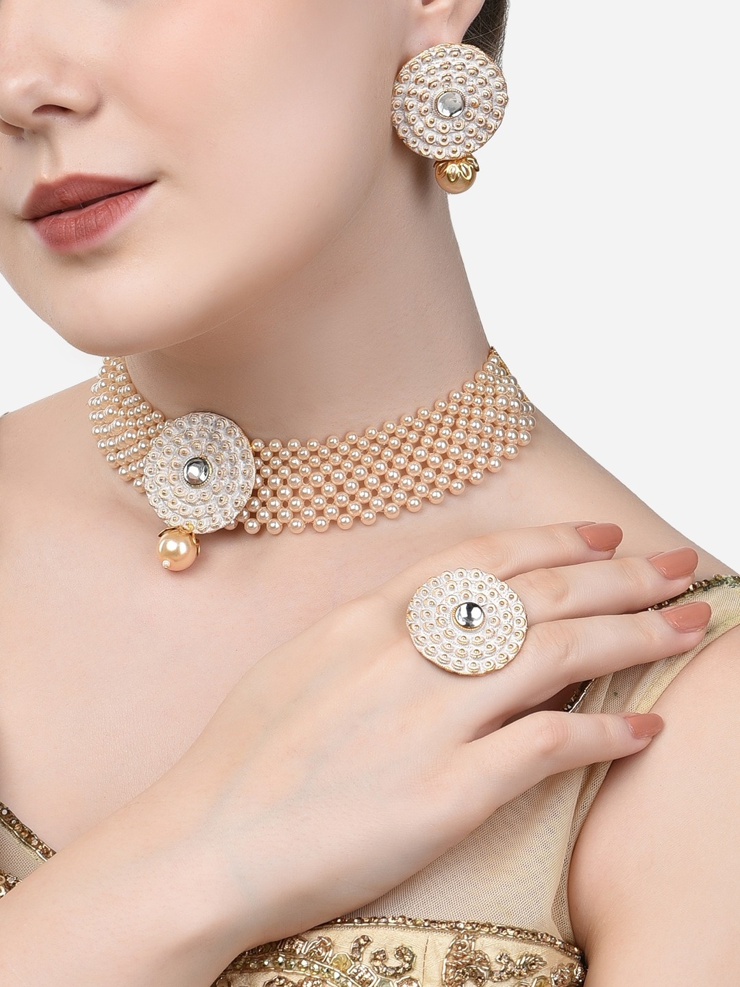 

Zaveri Pearls Gold-Plated White Stone Studded & Pearls Beaded Meenakari Jewellery Set
