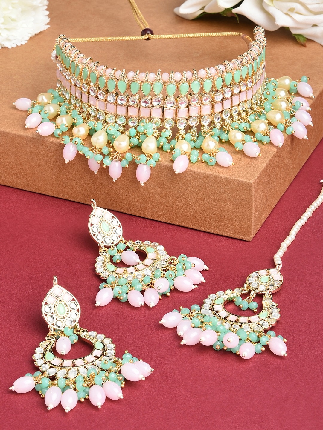 

Zaveri Pearls Gold-Plated Pink & Green Stone Studded & Beaded Jewellery Set