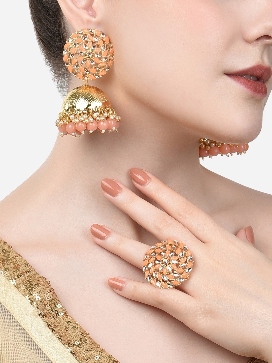 

Zaveri Pearls Gold-Plated Peach Beaded & Stone Studded Jewellery Set