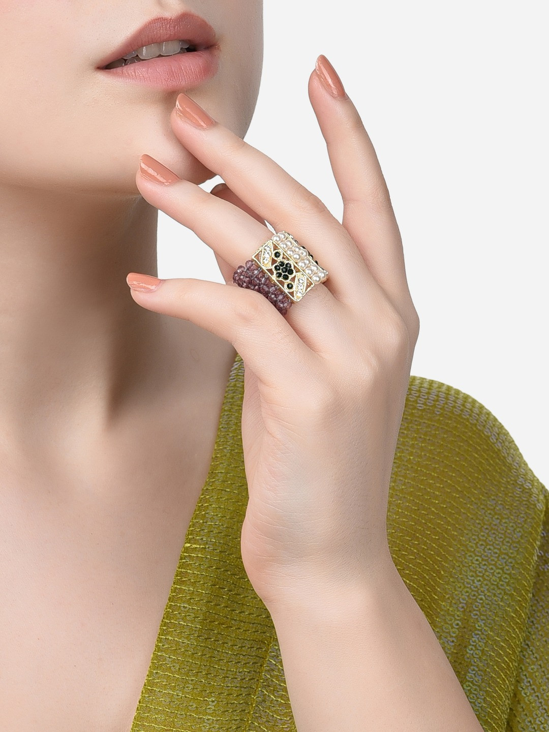 

Zaveri Pearls Women Gold-Plated Purple & White Pearl Beaded Finger Ring