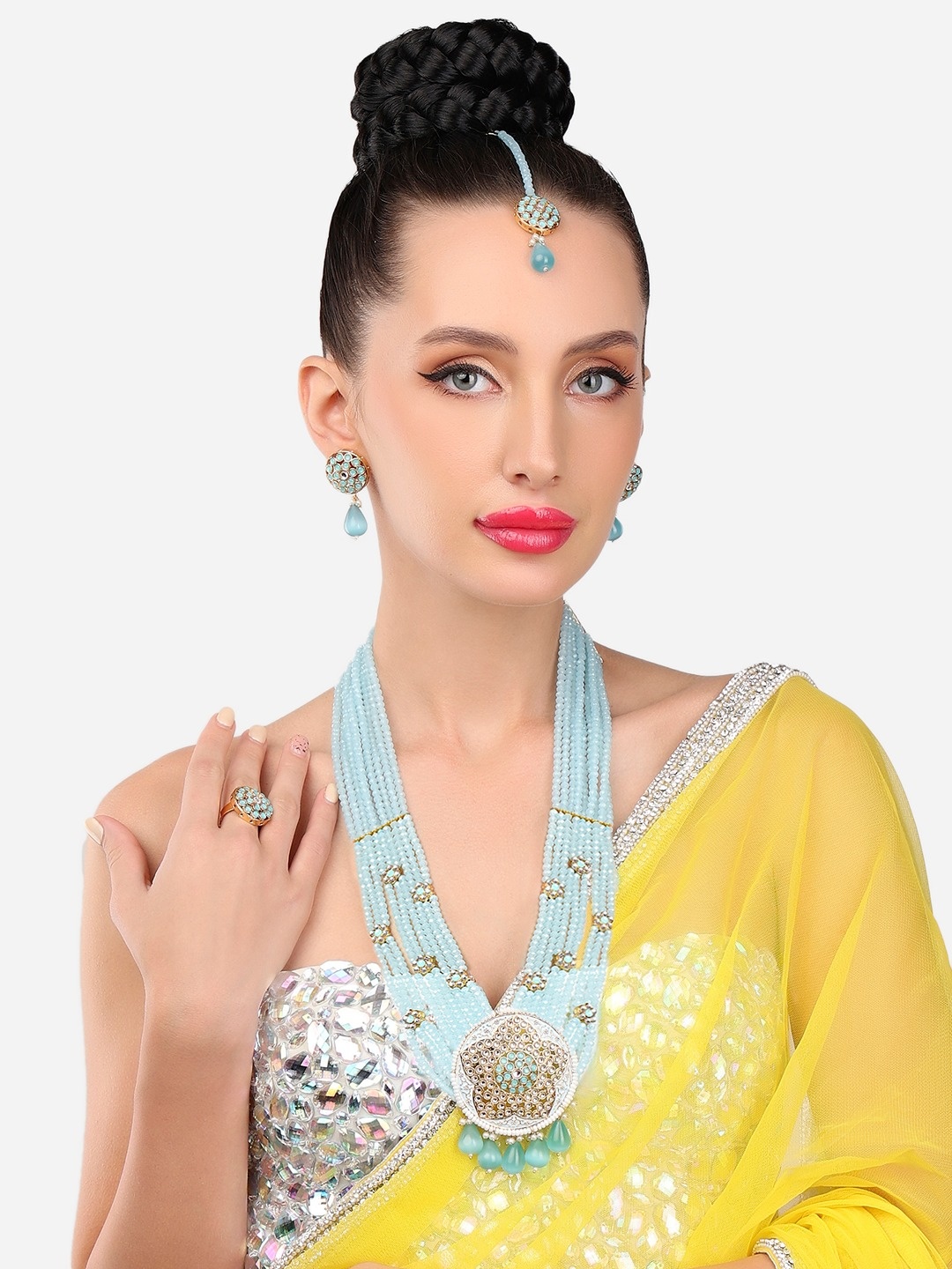 

Zaveri Pearls Gold-Plated Turquoise Blue Kundan Studded & Beaded Jewellery Set