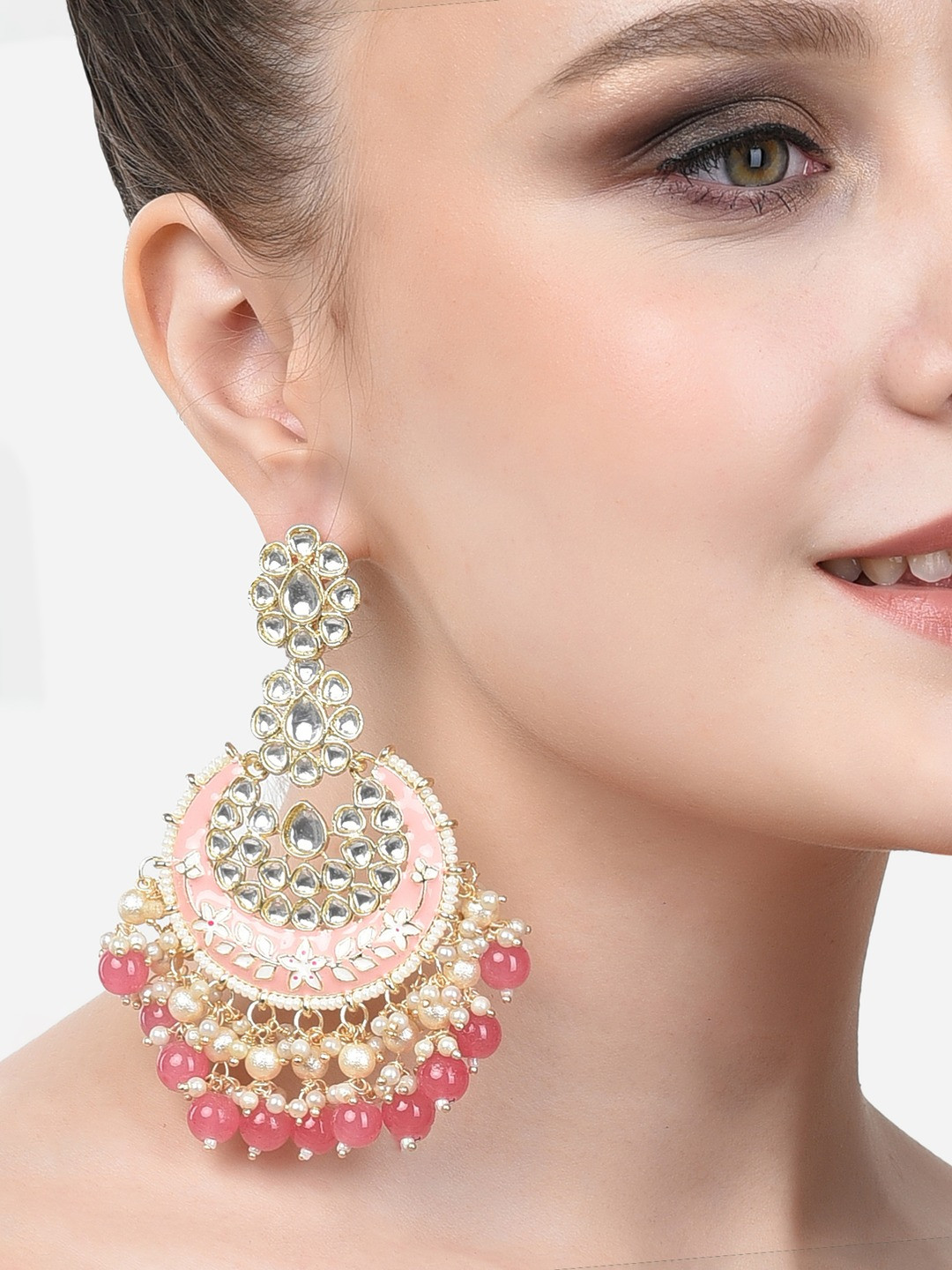 

Zaveri Pearls Pink Contemporary Meenakari Ethnic Kundan Chandbalis Earrings