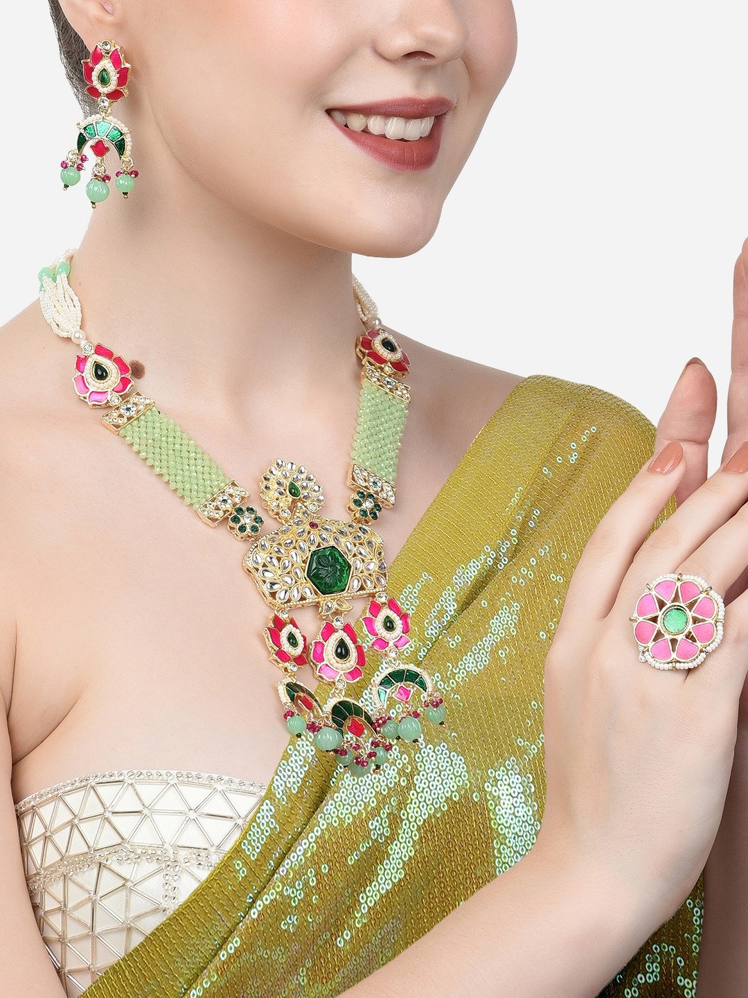 

Zaveri Pearls Gold-Plated Pink & Green Kundan Studded & Pearls Beaded Meenakari Jewellery Set