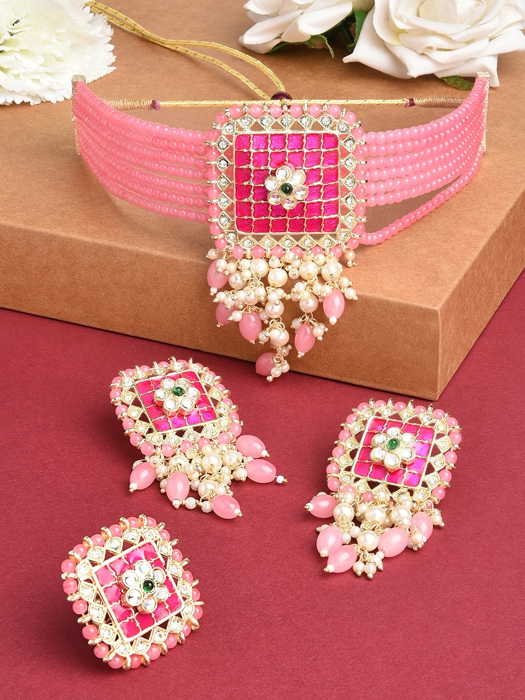 

Zaveri Pearls Gold-Plated Pink & White Kundan Studded & Pearls Beaded Meenakari Jewellery Set