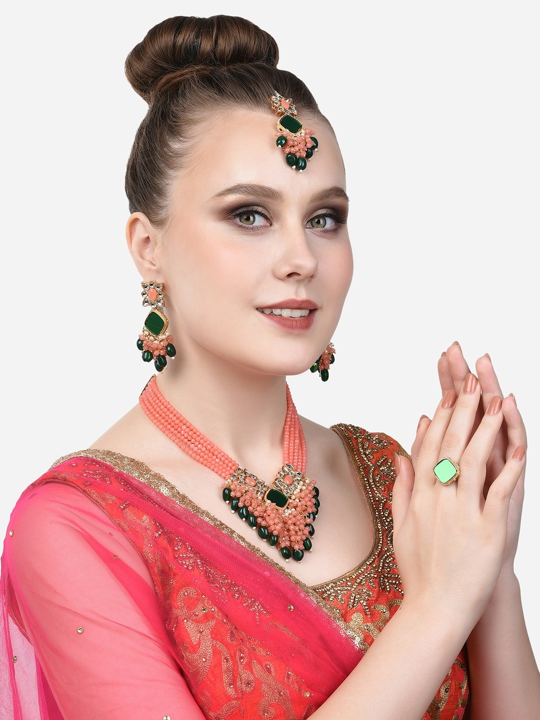 

Zaveri Pearls Gold-Plated Peach & Green Kundan & Bead Studded Jewellery Set