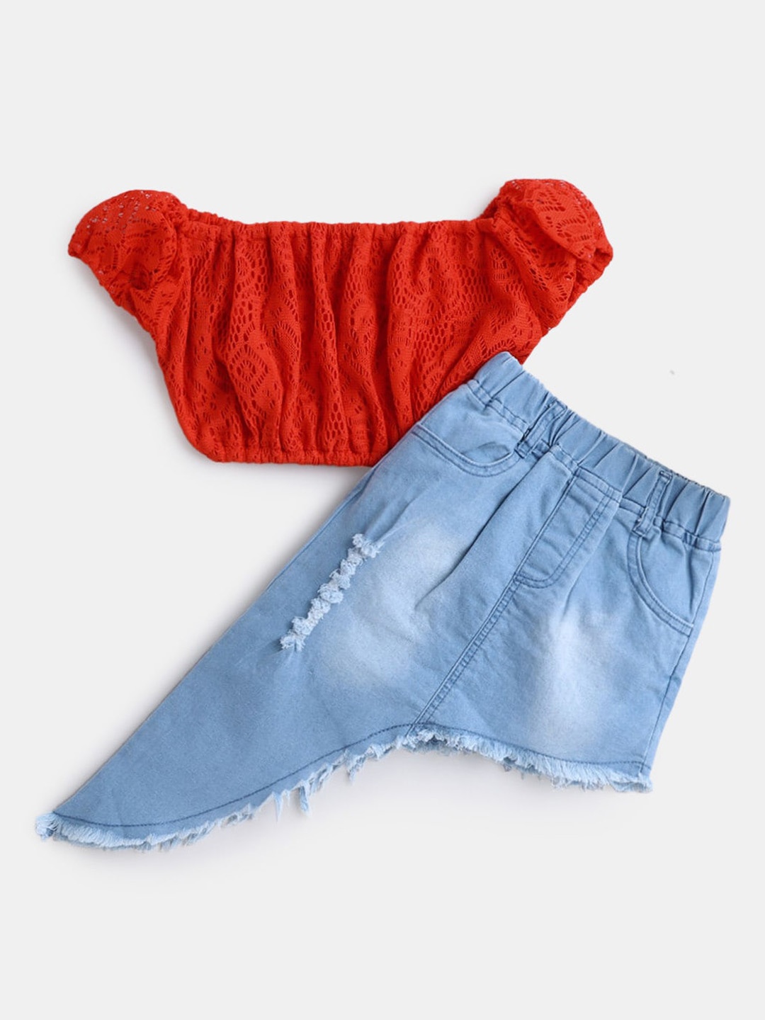 

Hopscotch Girls Red & Blue Self Designed Top with Skirt