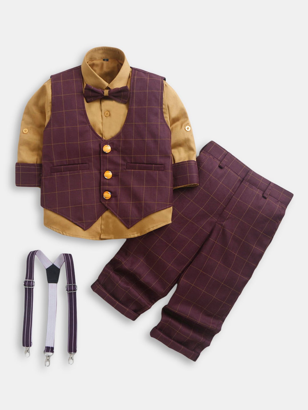 

Hopscotch Boys Burgundy & Brown Shirt with Trouser Bow Jacket & Suspender Set