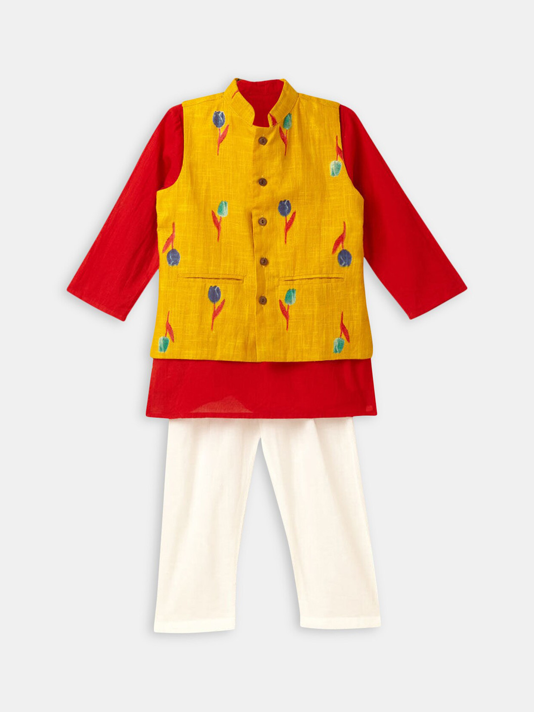 

Hopscotch Boys Yellow & Red Floral Printed Pure Cotton Kurta with Trousers