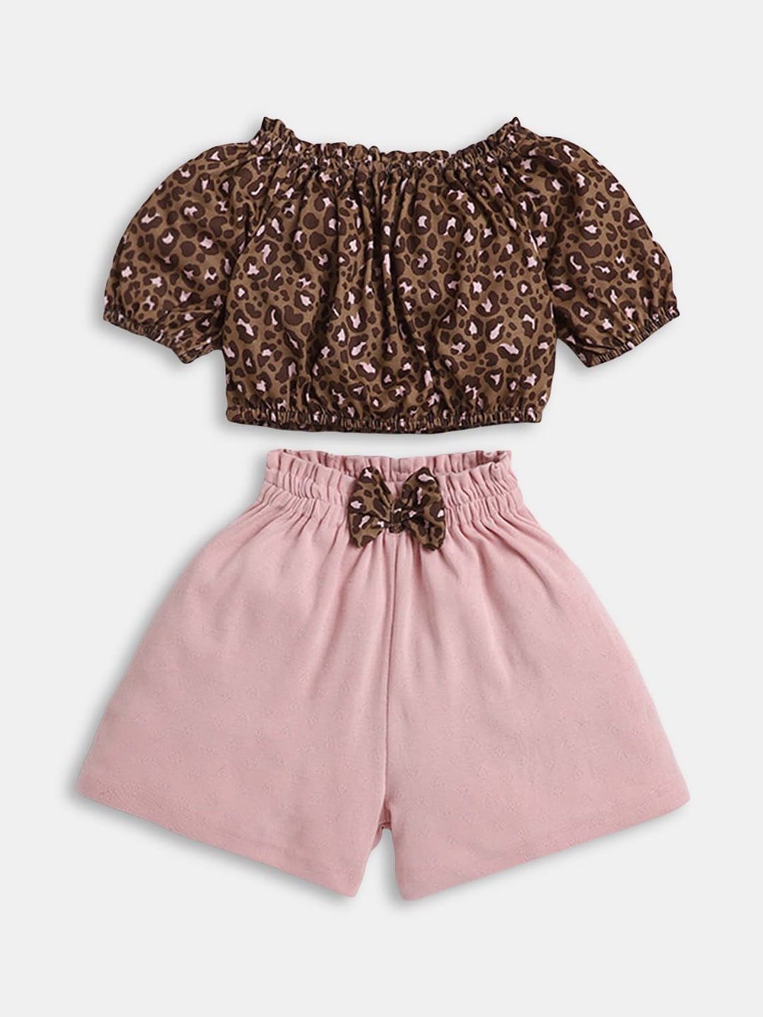 

Hopscotch Girls Brown & White Printed Pure Cotton Top with Shorts