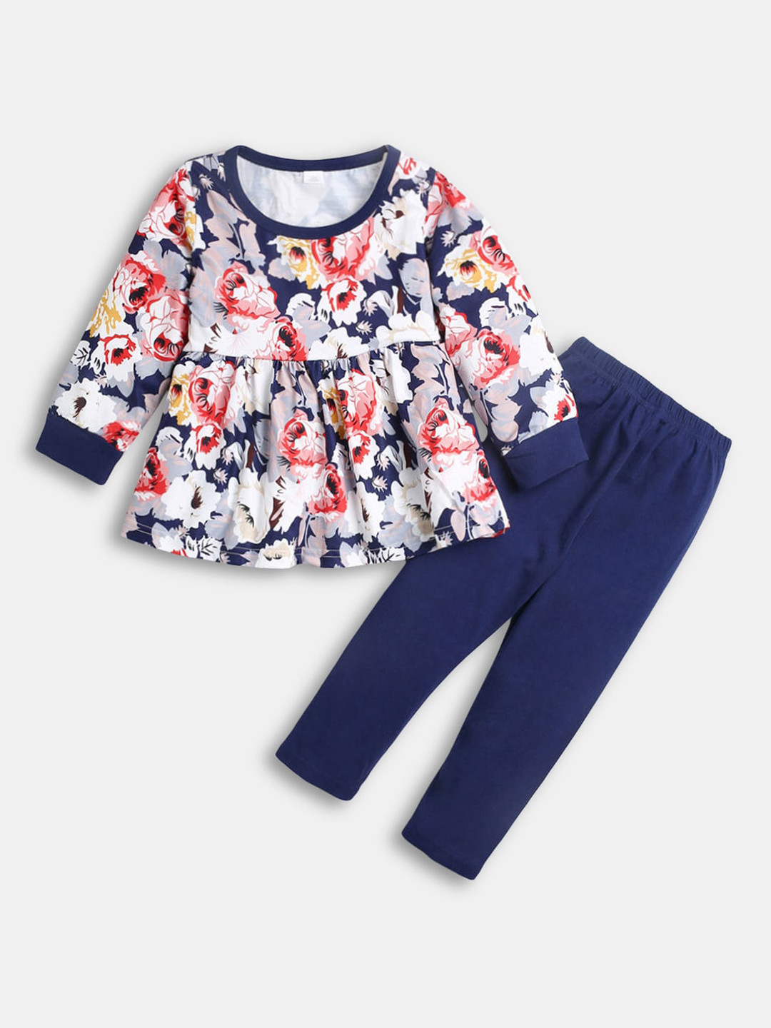 

Hopscotch Girls White & Navy Blue Printed Pure Cotton Top with Leggings
