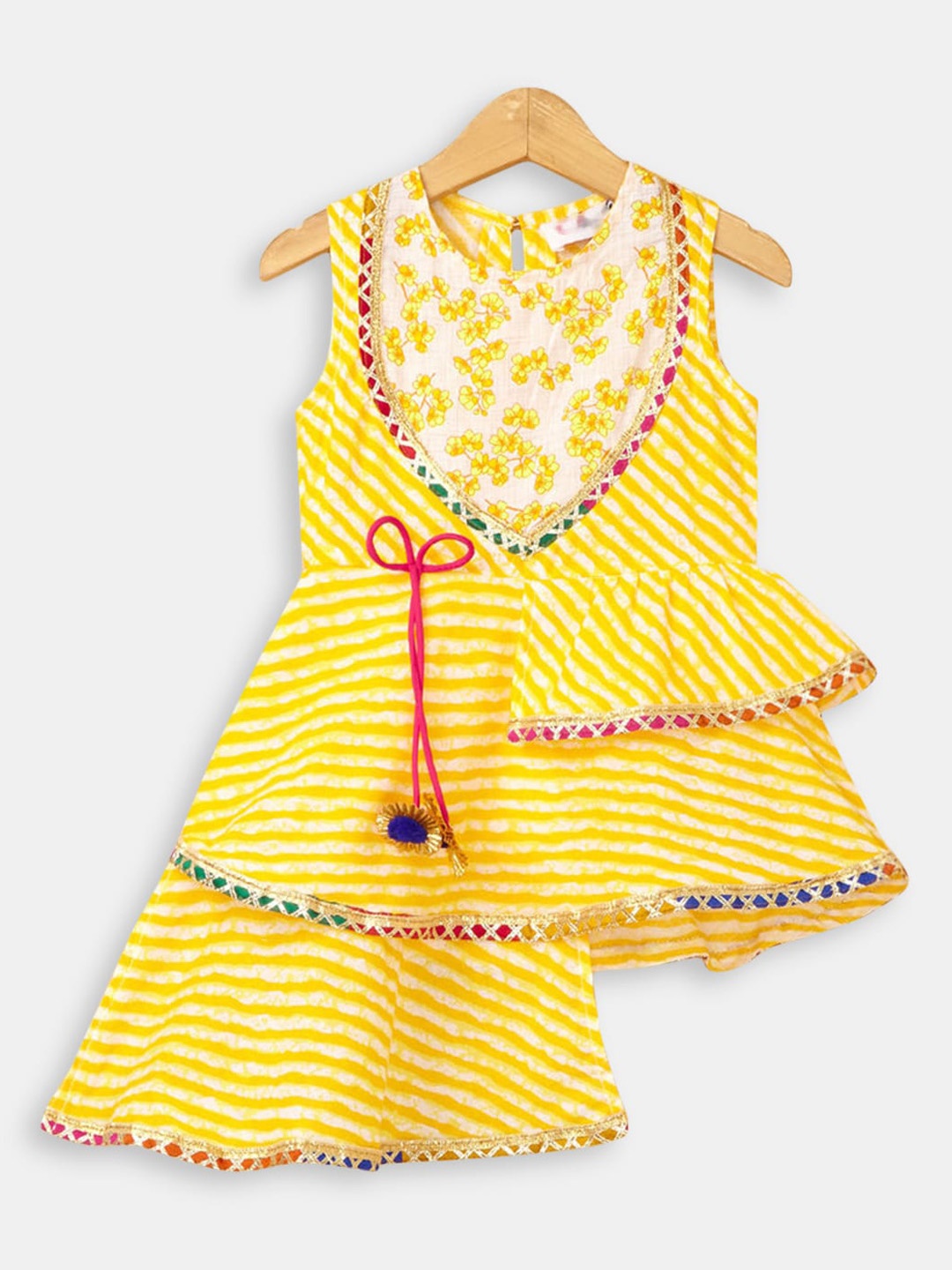 

Hopscotch Girls Yellow Leheriya Empire Pure Cotton Kurta with Dhoti Pants