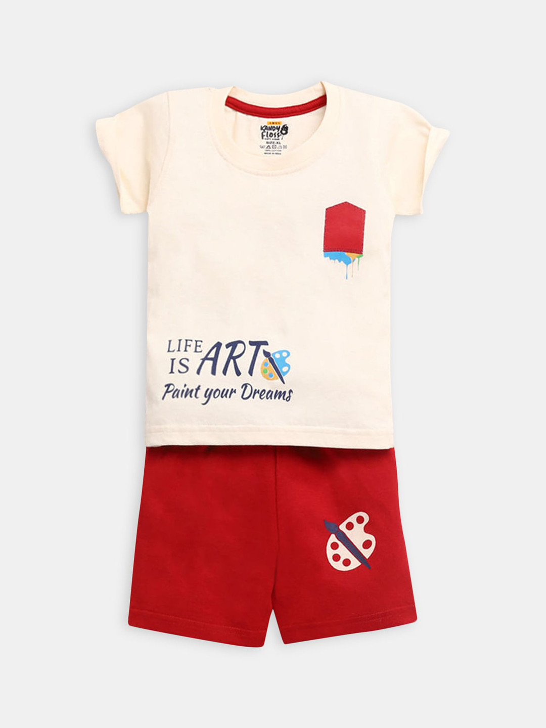 

Hopscotch Boys Beige & Red Printed Cotton T-shirt with Shorts