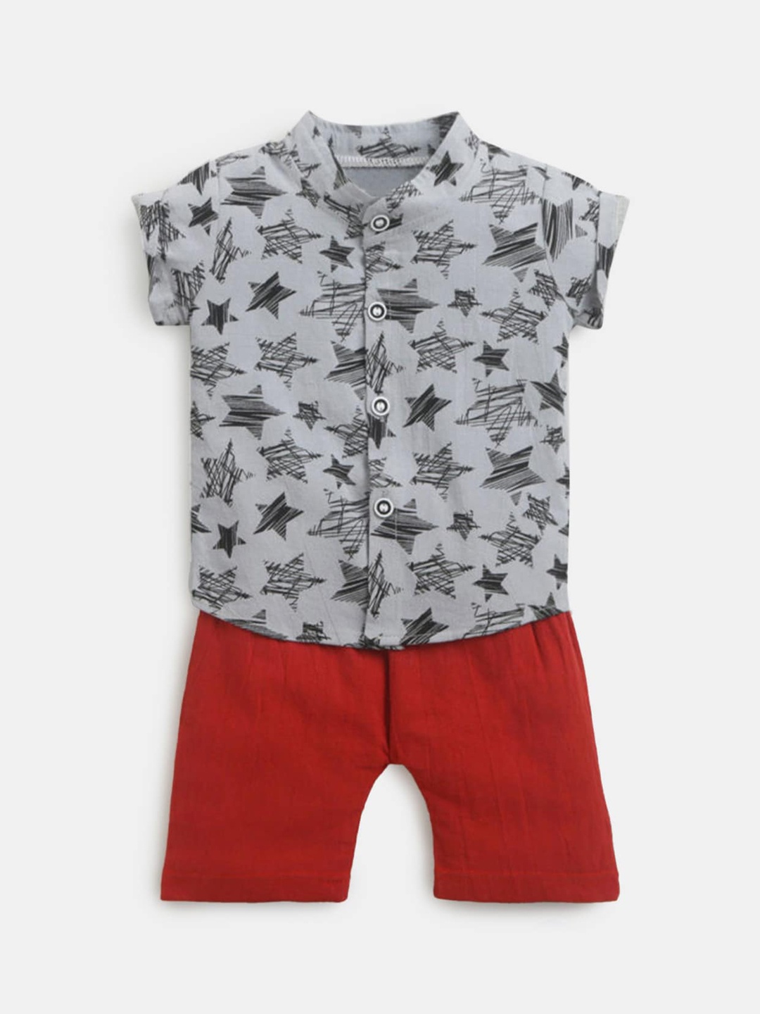 

Hopscotch Boys Grey & Red Printed Shirt with Shorts