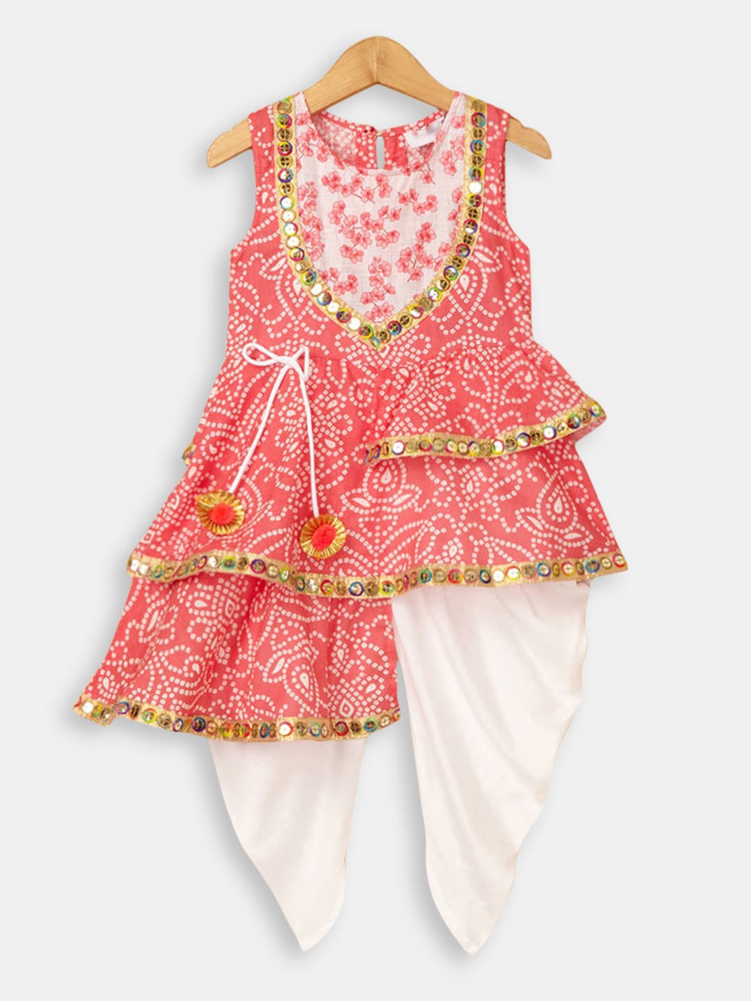 

Hopscotch Girls Peach-Coloured Floral Printed Pure Cotton Kurta with Dhoti Pants