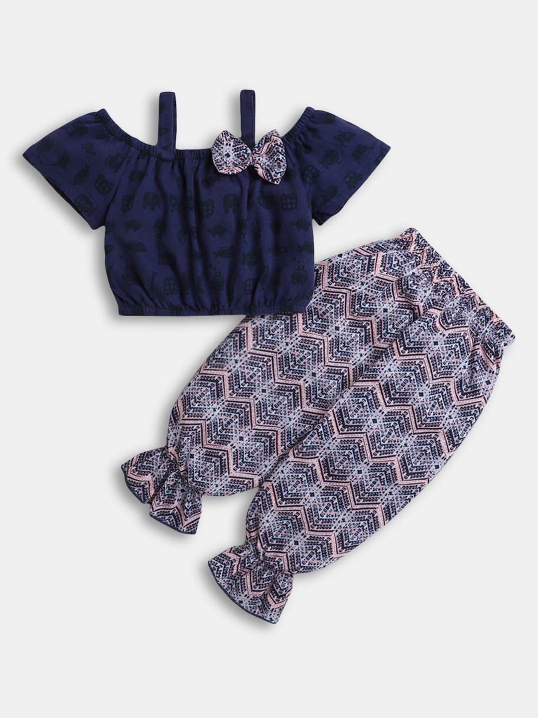 

Hopscotch Girls Navy Blue & White Printed Top with Trousers