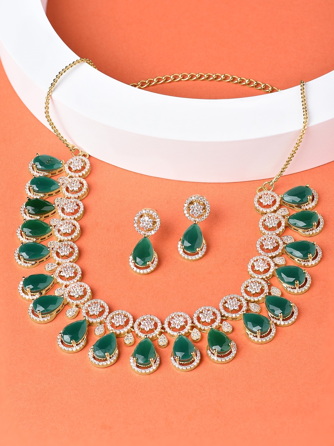 

AMI Rose Gold Plated Green CZ Studded Jewellery Set