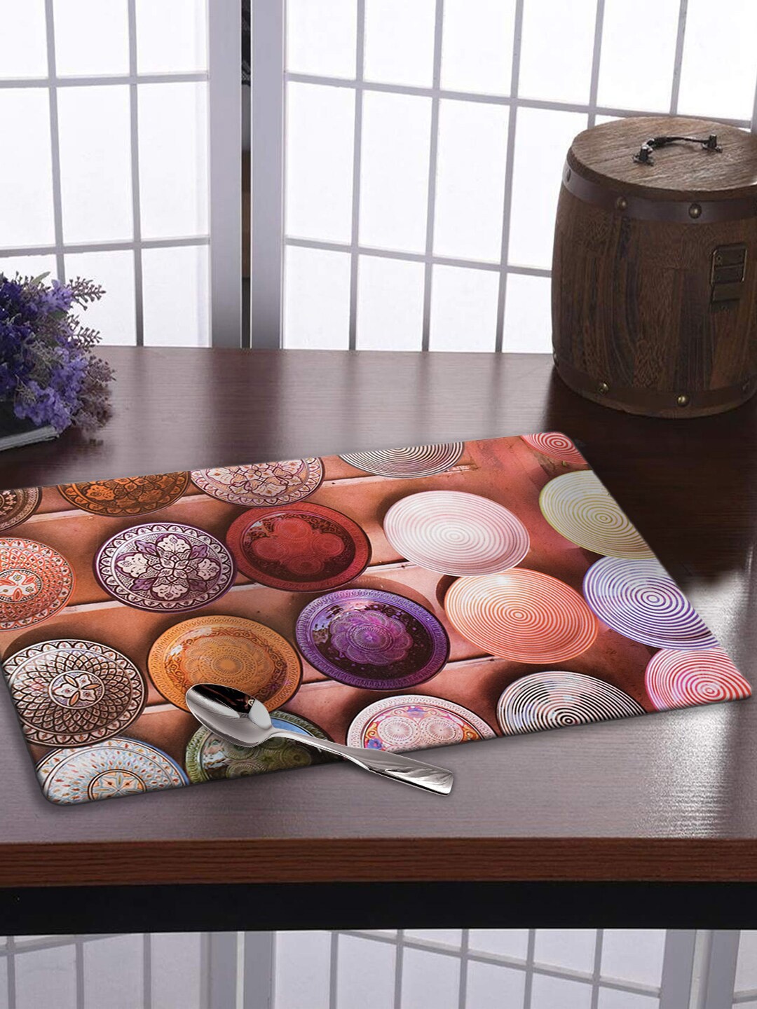 

Kuber Industries Set of 6 Peach & Red Printed Table Placemats & Coasters Set