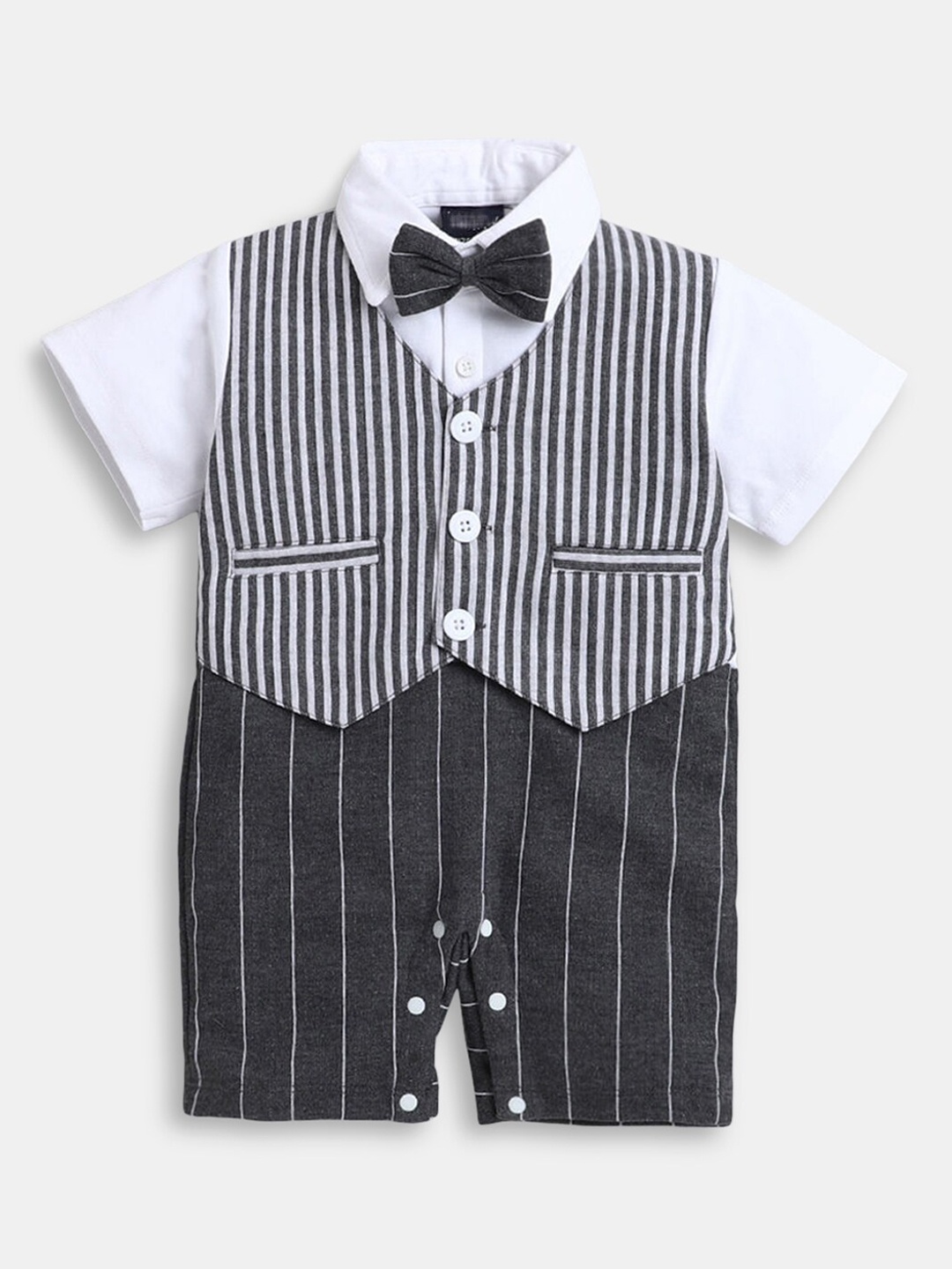 

Hopscotch Infant Boys Grey & White Bow Embellished Pure Cotton Rompers