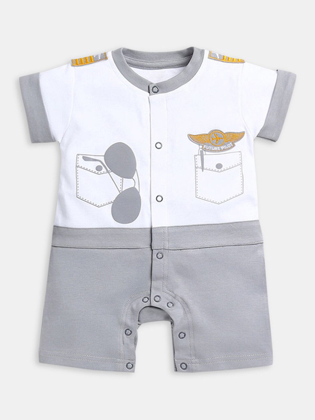 

Hopscotch Boys Grey & White Printed Pure Cotton Romper