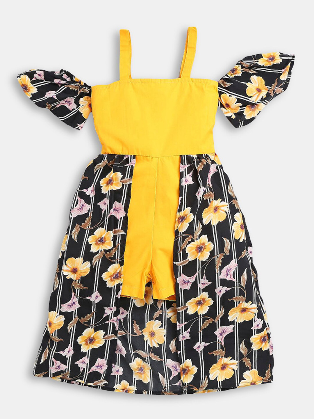 

Hopscotch Girls Yellow & Black Printed Basic with Layered Jumpsuit