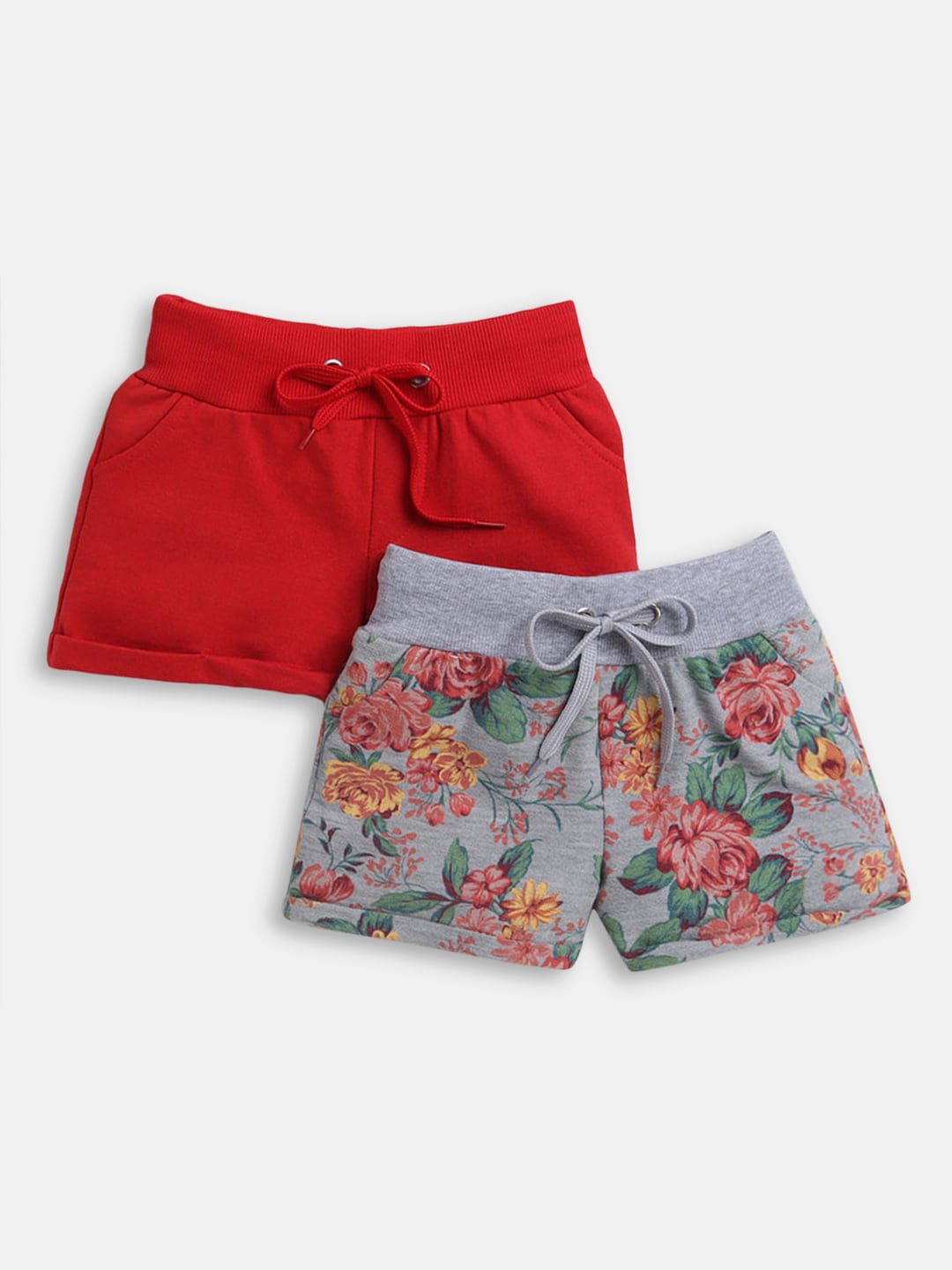 

Hopscotch Pack of 2 Girls Red & Grey Floral Printed Cotton Shorts