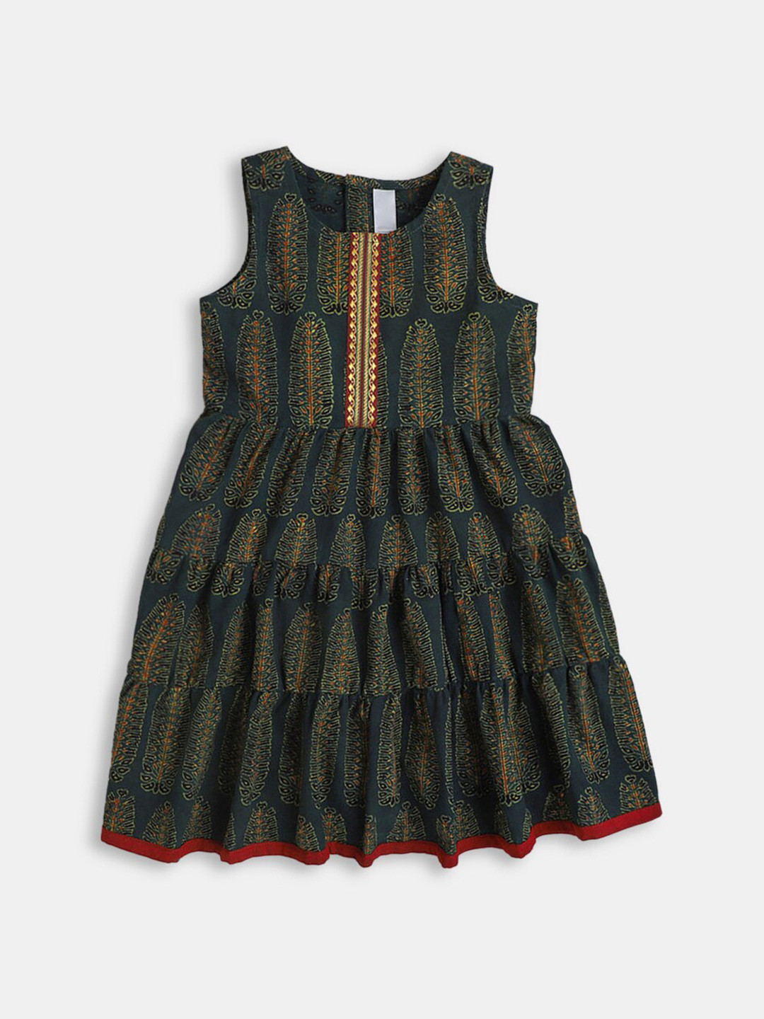 

Hopscotch Green Ethnic Motifs A-Line Dress