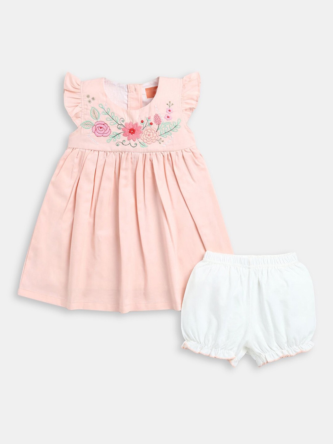 

Hopscotch Girls Peach-Coloured Floral Embroidered Casual Dress And Bloomer