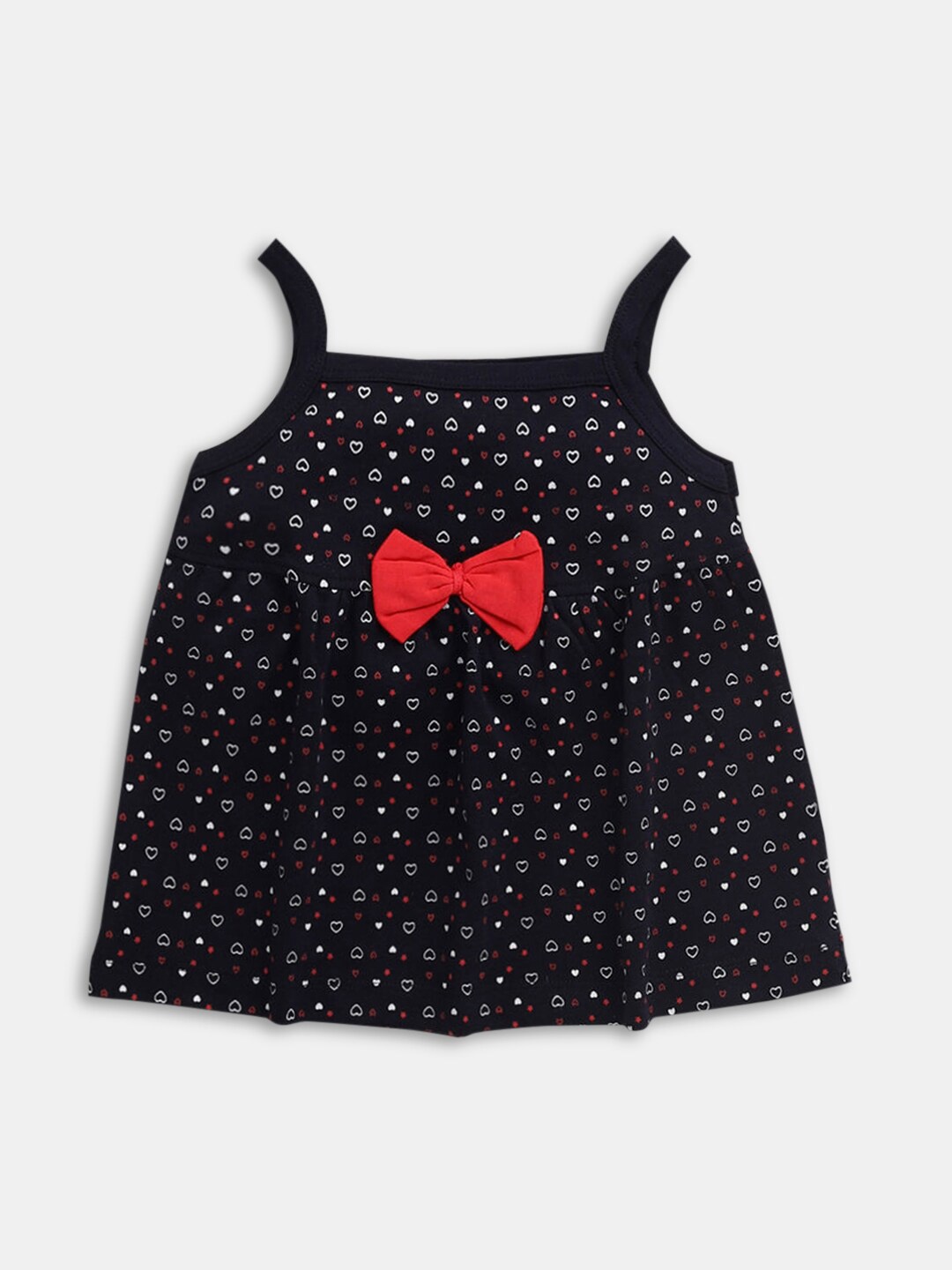 

Hopscotch Navy Blue Sleeveless All-Over Print Casual A-Line Dress with Bow