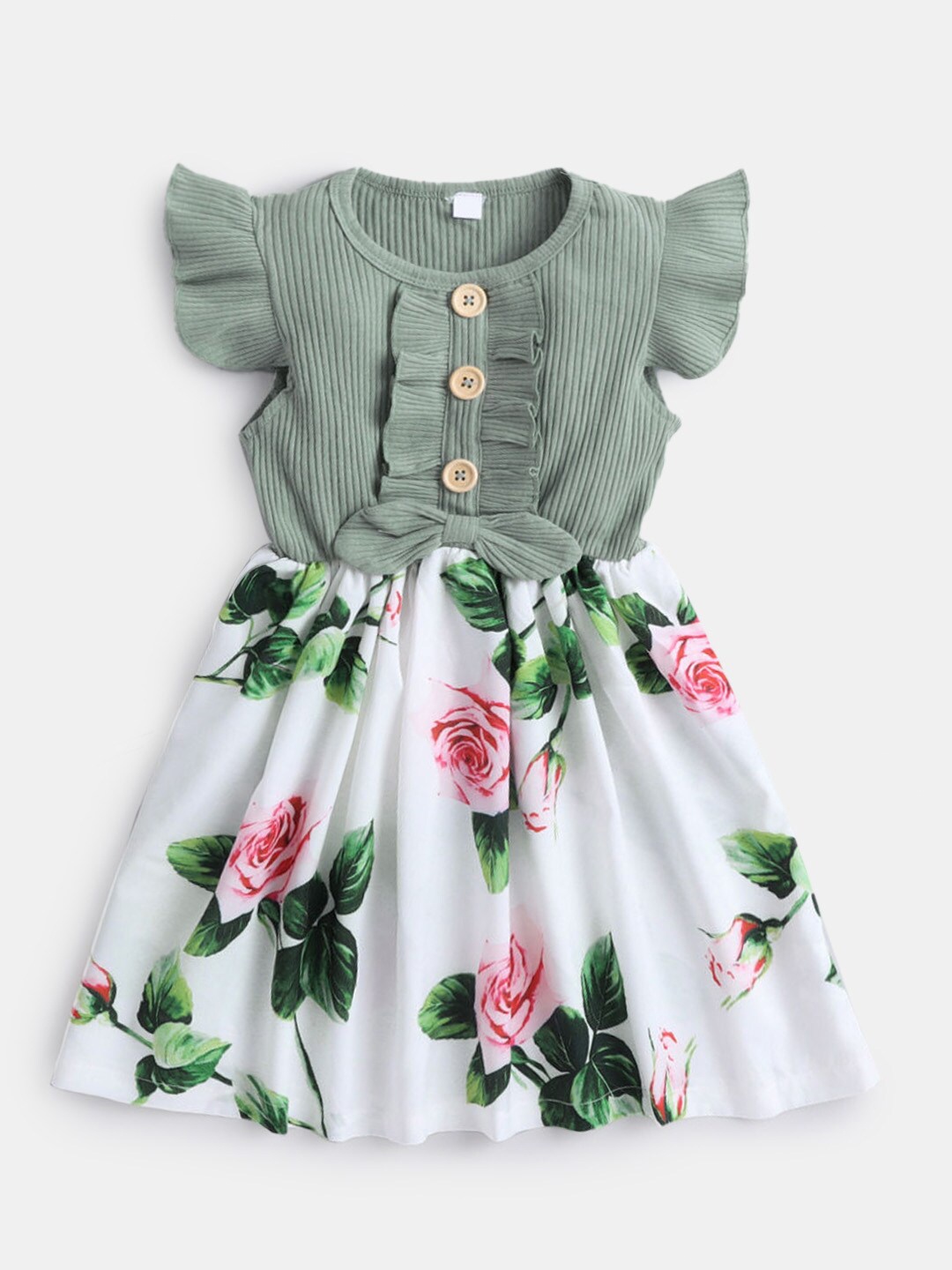 

Hopscotch Green & White Floral Printed Dress