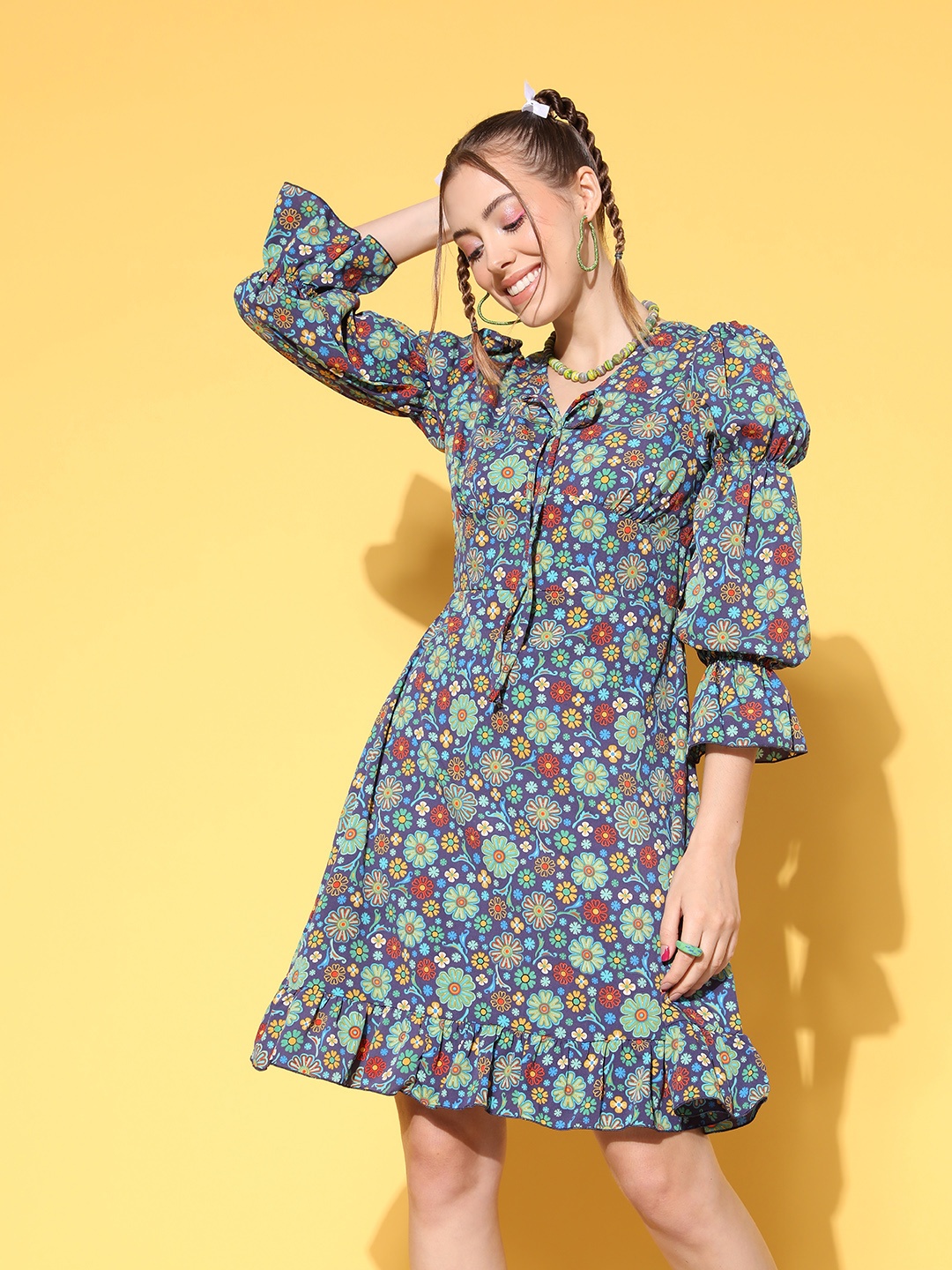

plusS Women Navy Blue Floral Fluid Tie-Up Dress