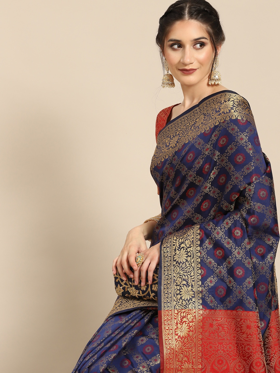 

all about you Navy Blue & Red Ethnic Motifs Silk Blend Saree