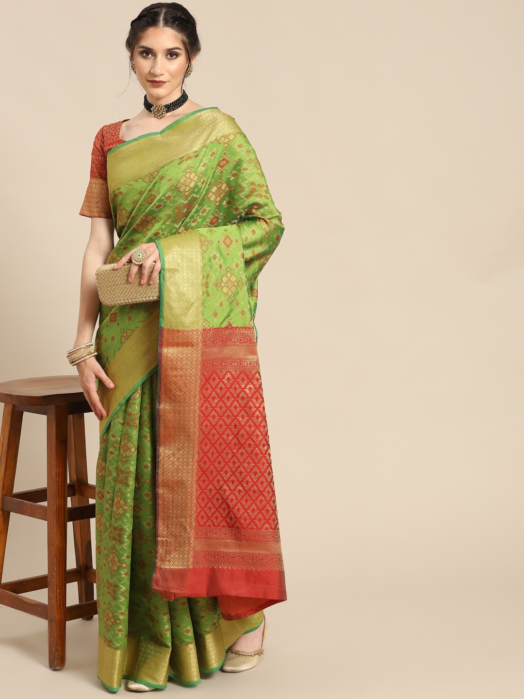 

all about you Green & Red Ethnic Motifs Silk Blend Saree