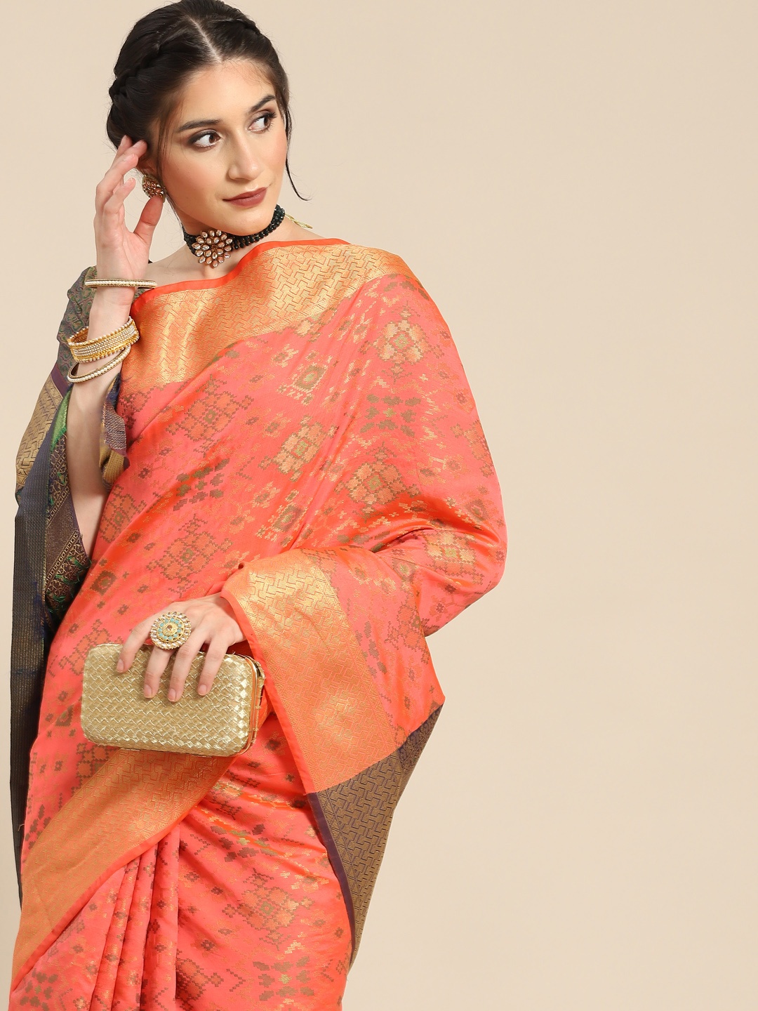 

all about you Peach-Coloured & Gold-Toned Ethnic Motifs Silk Blend Saree