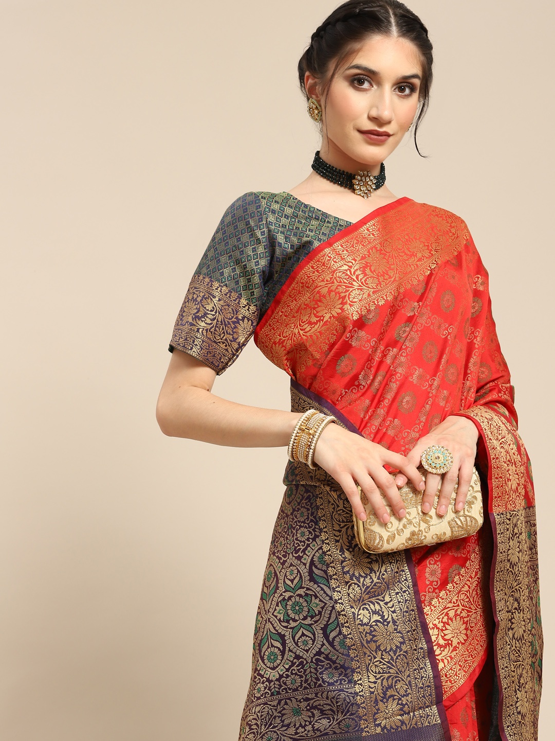 

all about you Red & Golden Ethnic Motifs Silk Blend Saree