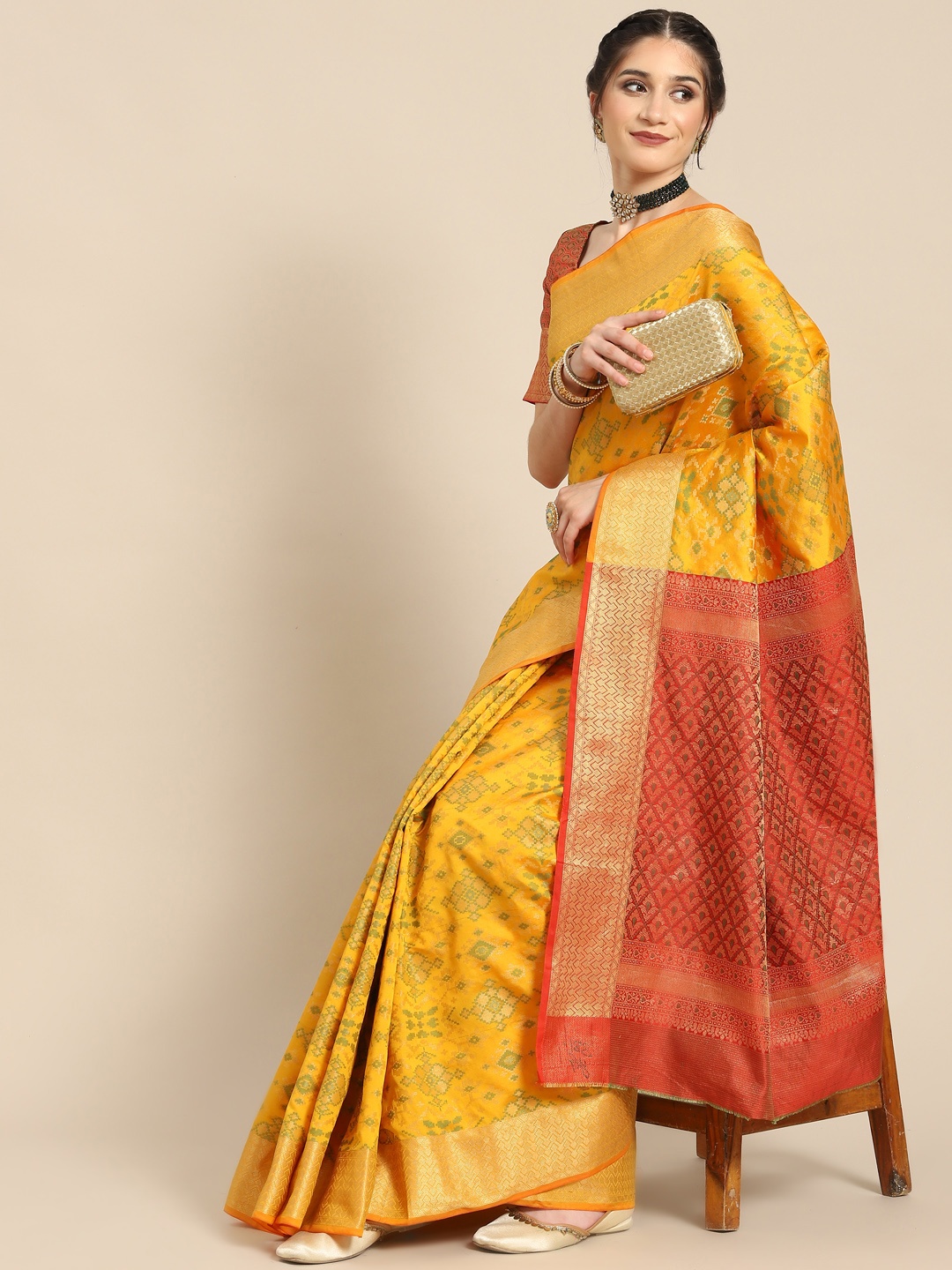 

all about you Mustard Yellow & Red Ethnic Motifs Silk Blend Saree