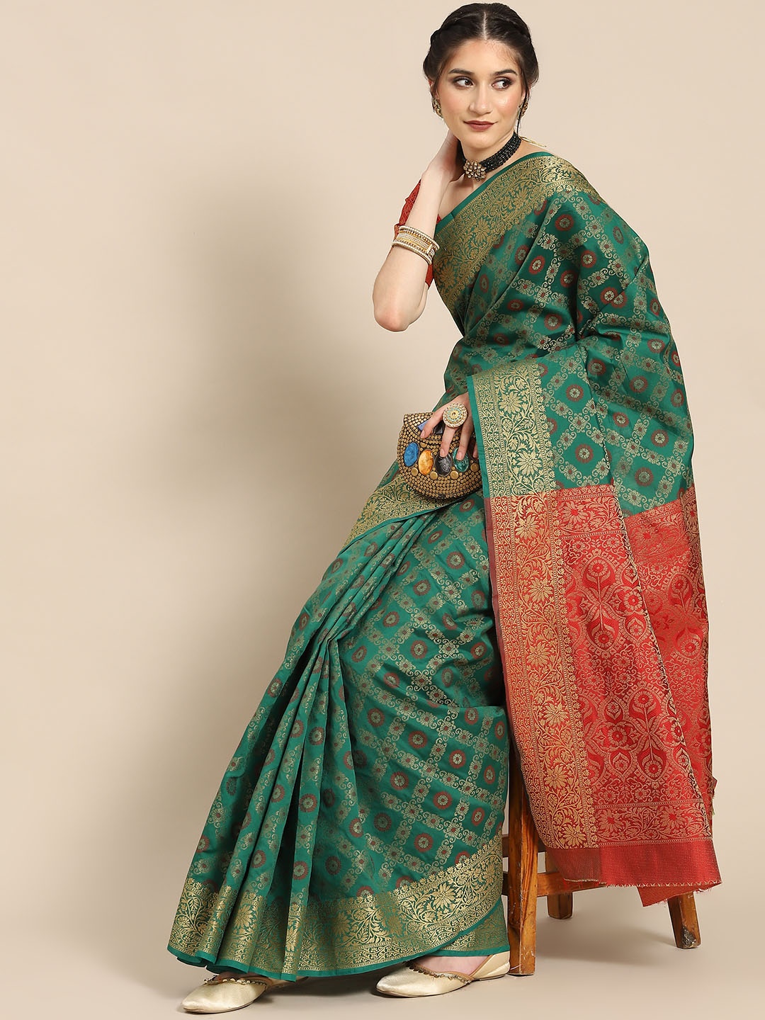 

all about you Green & Golden Ethnic Motifs Silk Blend Saree