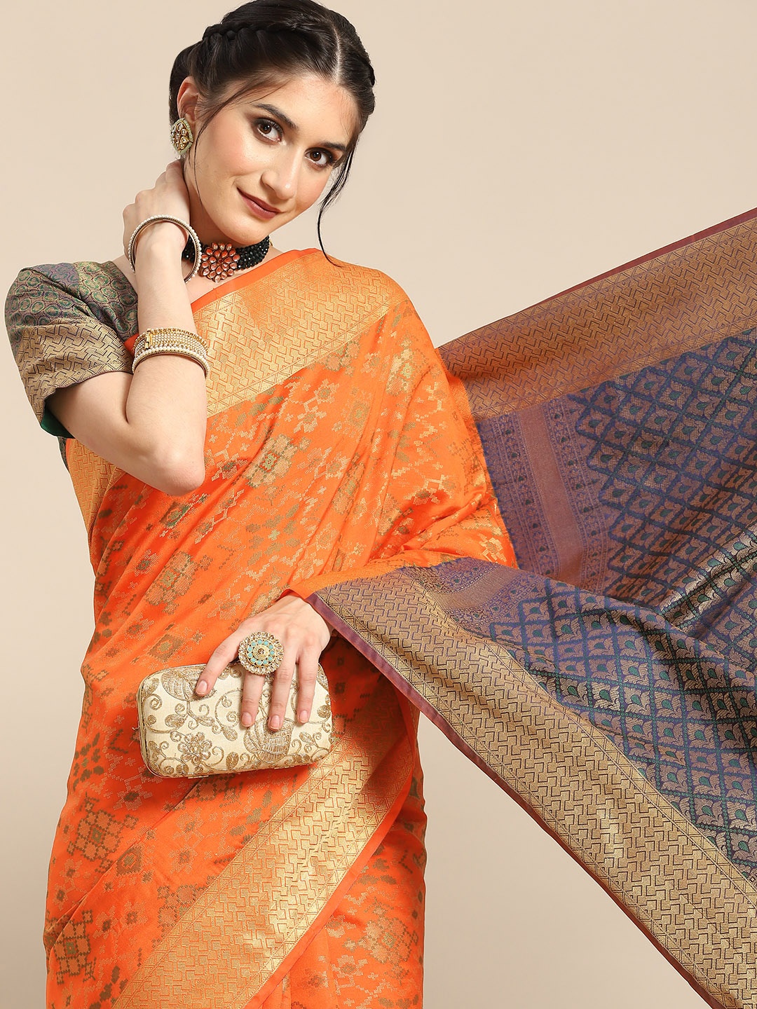 

all about you Orange & Blue Ethnic Motifs Silk Blend Saree