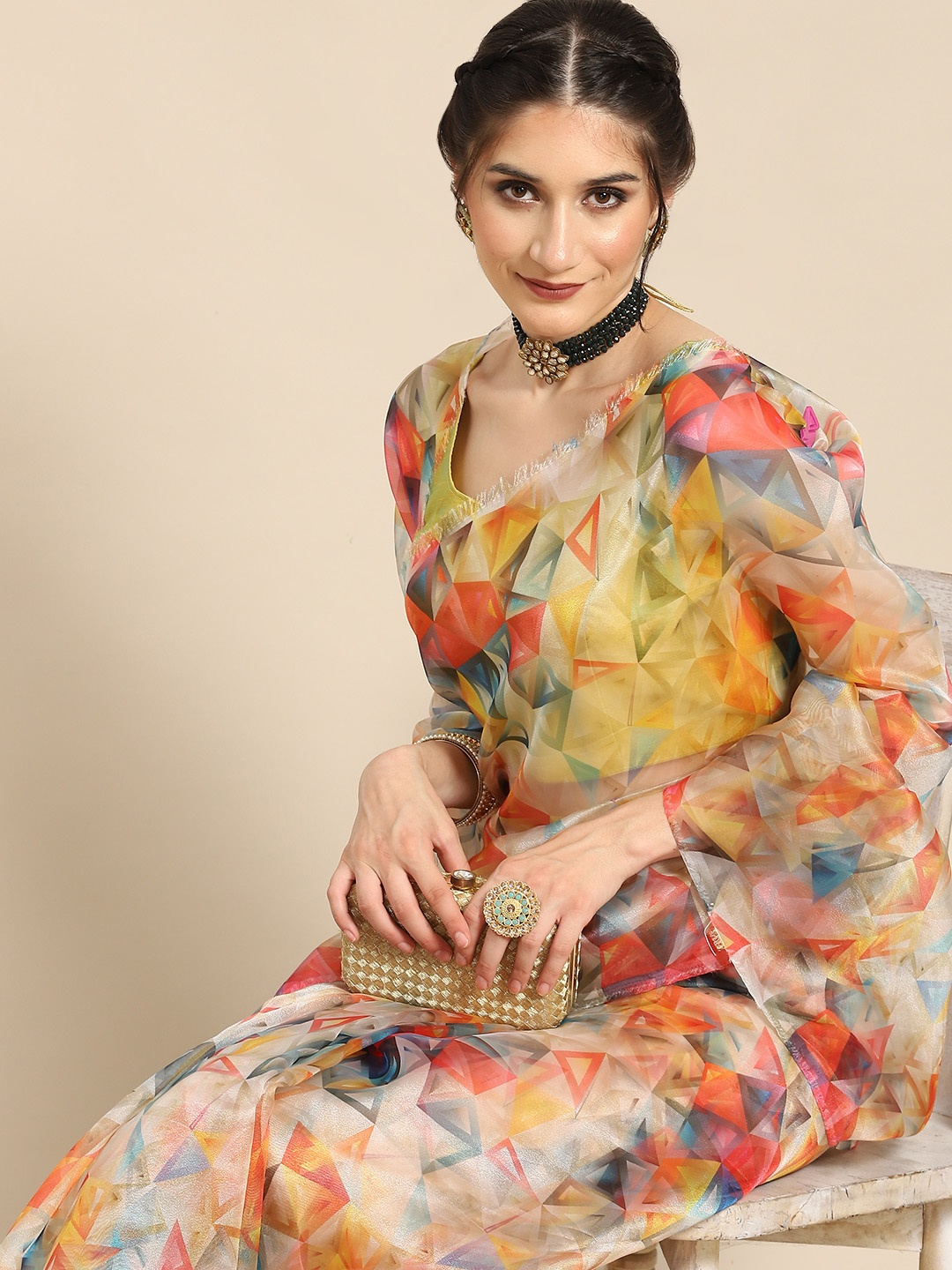 

all about you Blue & Orange Organza Saree